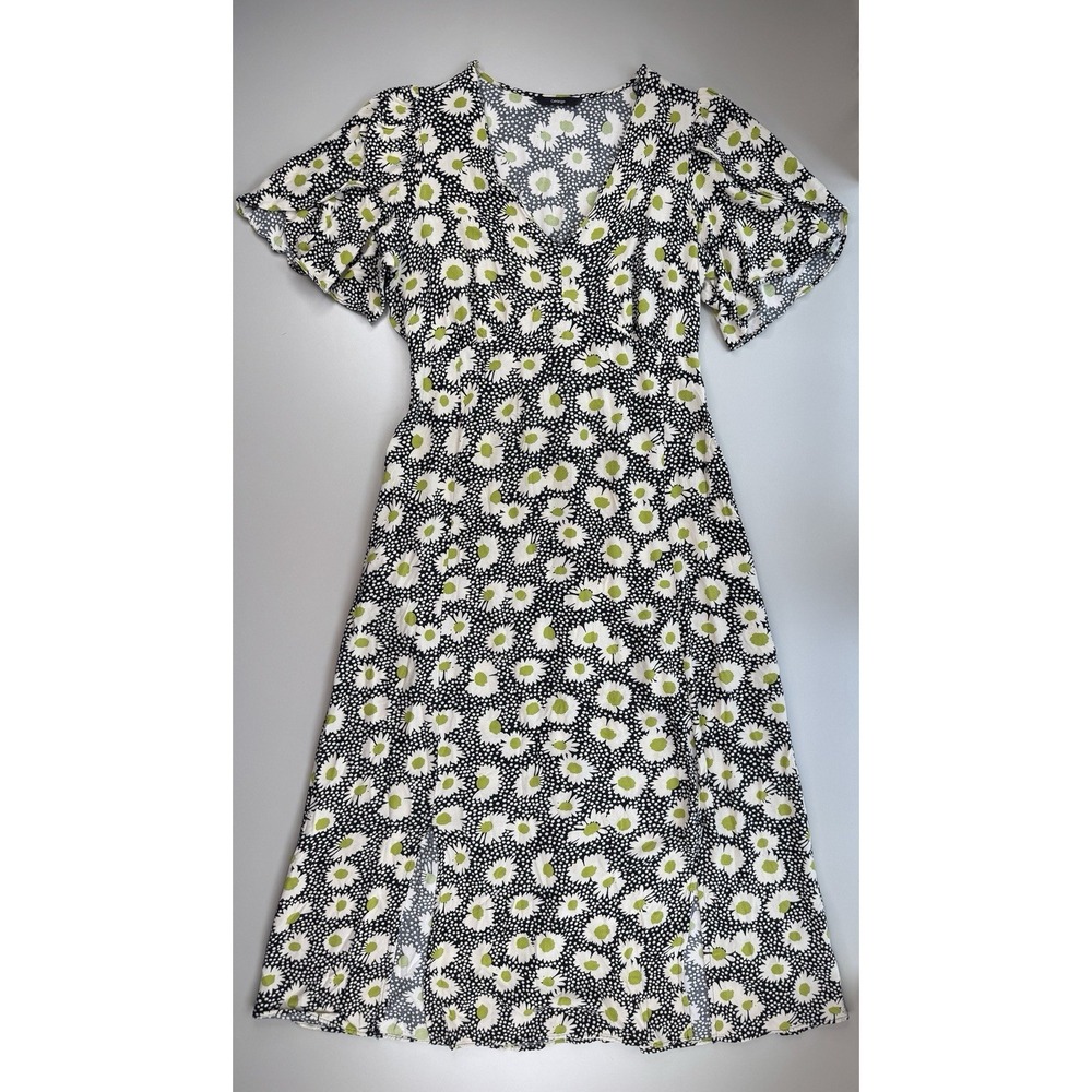 90s Daisy Floral Midi Dress 12 Black White Cottagecore Feminine Flutter Sleeve - Picture 5 of 16